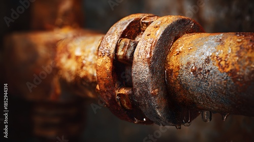 Close-up of a heavily rusted metal pipe joint, showing corrosion and decay.