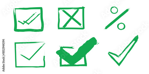 Green checkmarks and symbols for evaluation and statistics