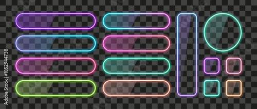Collection of colorful neon frames and rounded glassy buttons, realistic glowing border, vibrant gradient UI elements set, modern cyber interface design