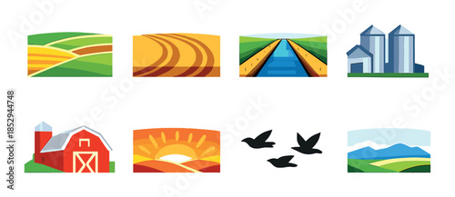 Colorful farm icons illustrating rural landscapes, crops, and barns