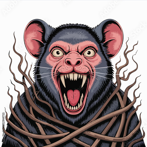 Aggressive snarling rodent creature with fangs illustration.