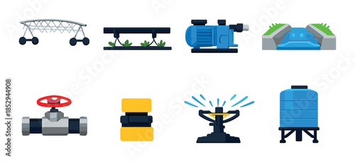 Hydroponic and irrigation system elements: pump, reservoir, sprinkler, valve, drip tray, water tank