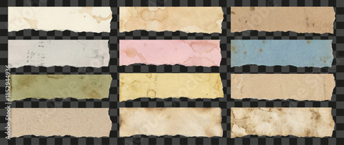 Set of vintage ripped paper strips with coffee stains and grunge texture, aged dirty paper edges, ragged horizontal banner backgrounds, scrapbook design elements