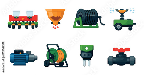 Colorful icons of garden irrigation and watering equipment on gradient background