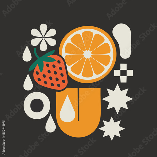 Colorful fruit collage with abstract shapes.