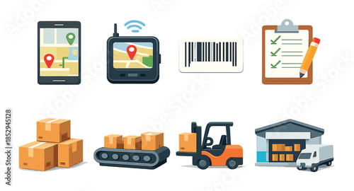 Logistics and supply chain icons including barcode and gps devices