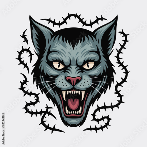 Ferocious snarling wolf head with barbed wire.
