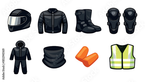 Essential motorcycle gear set with helmet, jacket, boots, vest, pads, suit, scarf, earplugs