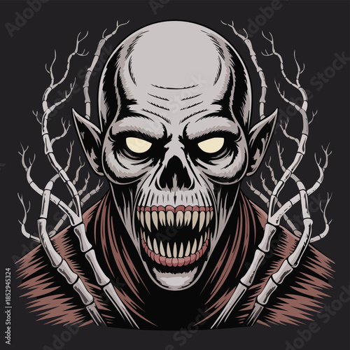 Menacing skull with gnarled branches illustration.