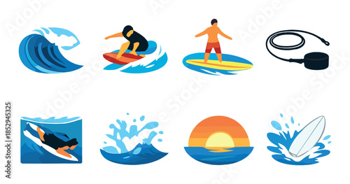 Colorful surfing icons and symbols set featuring surfers and waves