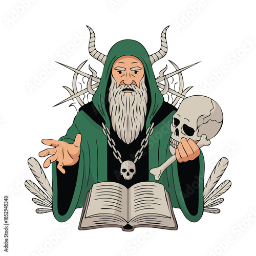 Mystic Wizard Reading Open Book with Skull Prop.