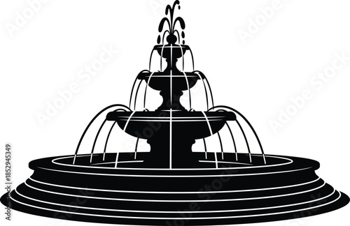 Classic ornamental tiered fountain silhouette with flowing water streams, elegant architectural base, decorative garden feature for parks, plazas, and courtyards.