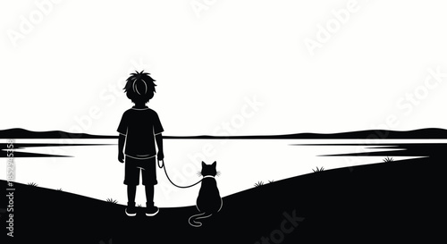 Boy and Cat by the Lake, Peaceful Scene