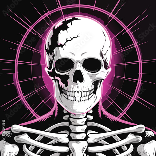Neon Skull Illustration With Skeleton Head.
