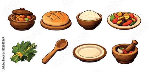 Rustic kitchen elements and ingredients illustration with wooden bowls and utensils