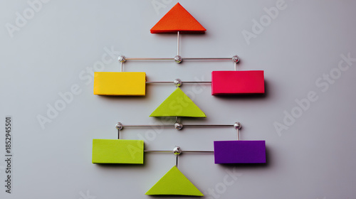 flowchart. Colorful flowchart with geometric shapes, illustrating business optimization on a light grey background. pitch deck slides.
