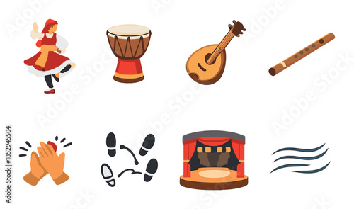 Vibrant dance and musical instruments with stage and applause