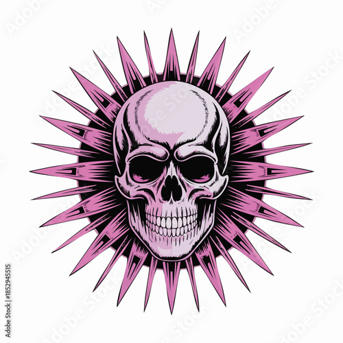 Skull surrounded by purple spiked halo design.