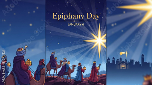 Three Wise Men following the Star of Bethlehem on Epiphany Day a religious illustration for Christian holidays and celebrations with a starry night sky and city silhouette