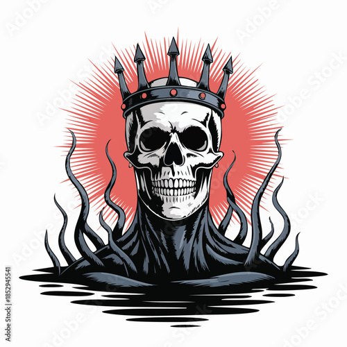 Skull Wearing Crown Emerging From Dark Waters Illustration.