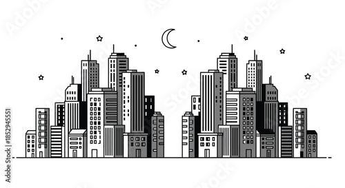 Modern City Skyline Vector Illustration with Moon and Stars at Night