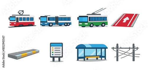 Public transportation icons: trams, buses, trolley, bus stop, ticket machine, barrier, shelter, power lines