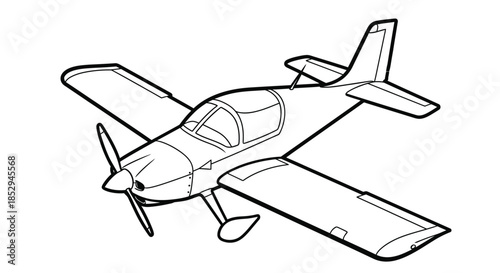 Simple Black and White Line Art Illustration of a Small Propeller Airplane Outline
