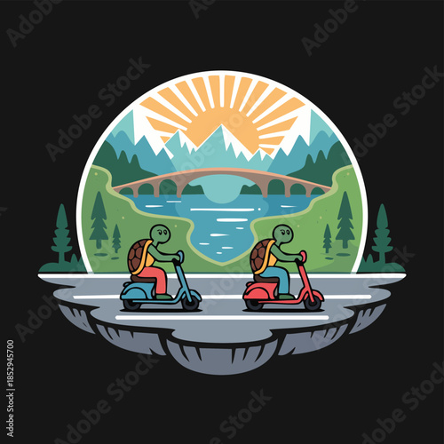 Two People Riding Jetskis on a Lake at Sunset.