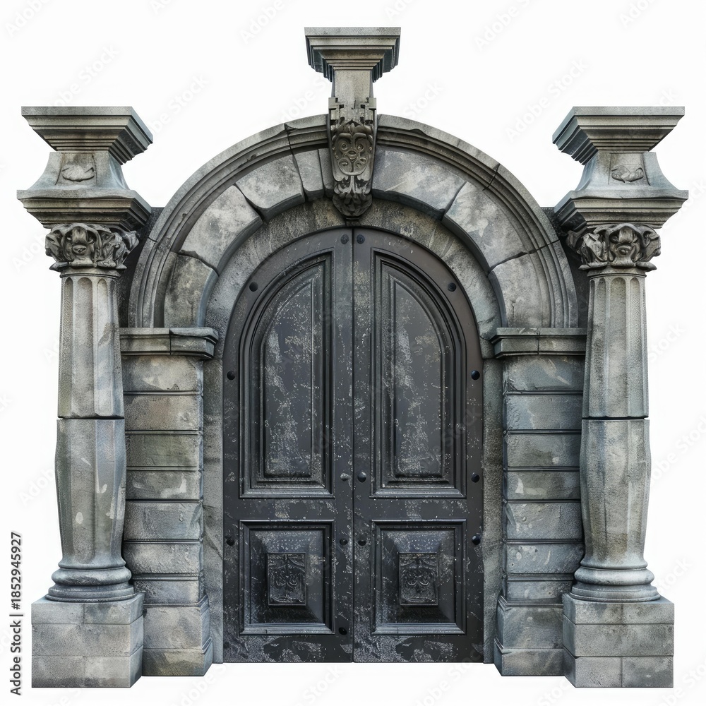 Naklejka premium Ancient stone portal featuring a weathered wooden door and ornate stone columns stands isolated against a white background