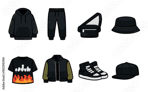 Stylish urban streetwear collection featuring accessories and apparel