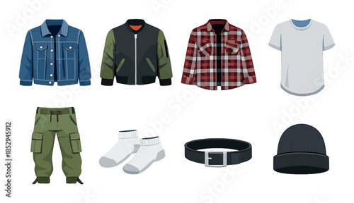 Casual outfit components: jackets, shirts, pants, socks, belt, beanie displayed