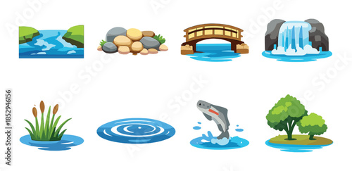 Nature elements collection: river, stones, bridge, waterfall, plants, pond, fish, trees