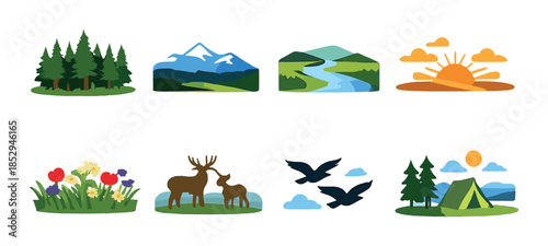 Vibrant nature icons featuring forest, mountains, river, sunset, wildlife, birds, and camping scenes