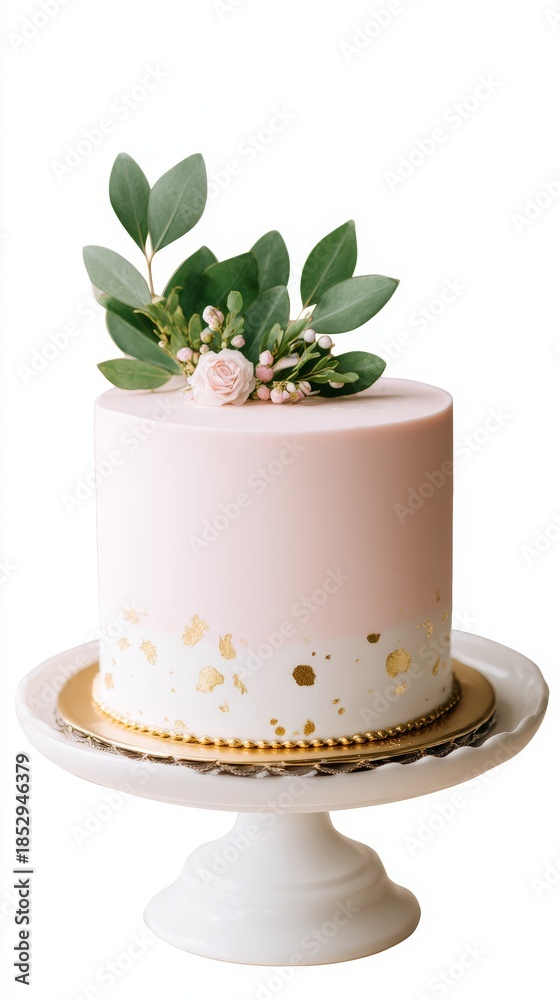 Fototapeta premium Elegant pink cake with floral decor on white stand