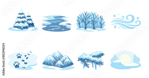 Winter elements collection featuring snowy landscapes and frosty designs