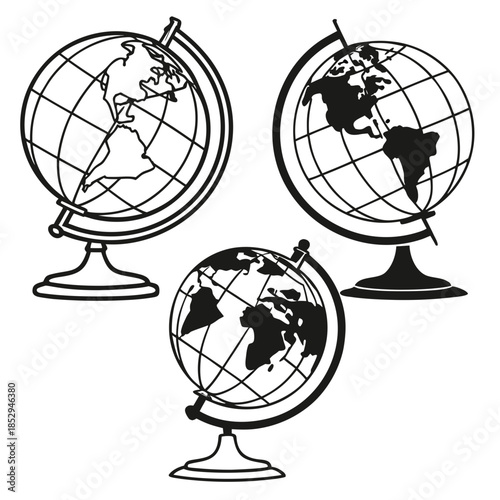 Three globes displaying different continents
