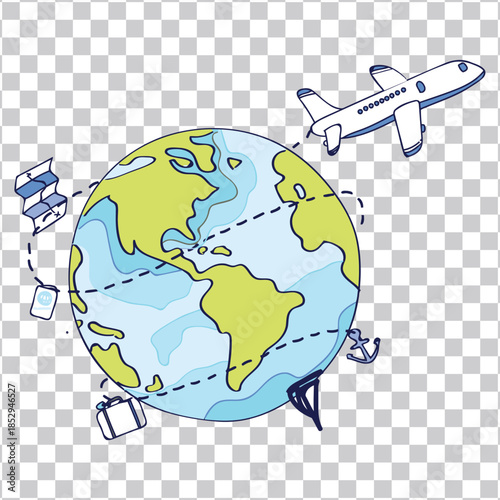 Whimsical hand-drawn global travel illustration featuring an airplane journeying around the Earth, perfect for depicting vacations and international adventures