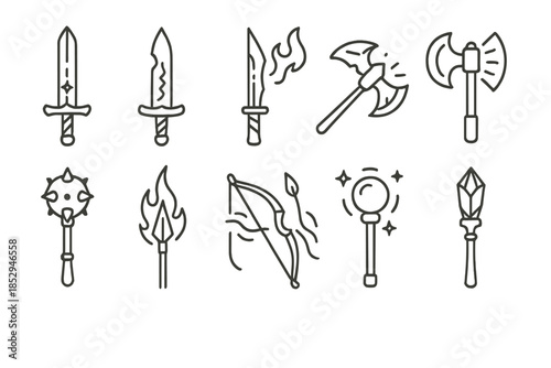 Mystical Weapon Icons. Line style icons of mystical weapons: enchanted sword, runed dagger, cursed blade, glowing axe; spiked mace