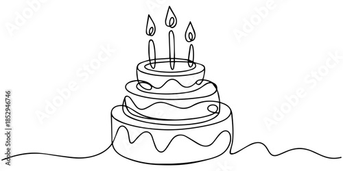 Birthday cake in continuous line art drawing style. Large three-layer holiday cake with candle on the top. Black linear sketch isolated. one line Icon drawing, Continuous one line drawing of a multi