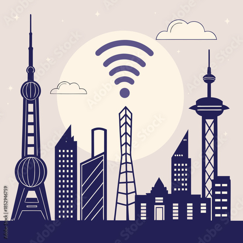 Cityscape with wireless signal