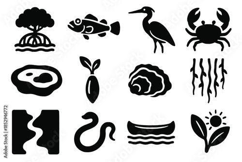 Tropical Mangrove Icons. Solid style icons of Tropical mangroves: tangled roots, mudskipper fish, heron bird, mangrove crab, tidal