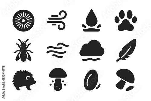 Spore Dispersal Icons. Solid style icons of Spore dispersal: spore print, wind gust, raindrop splash, animal paw, insect carrier,