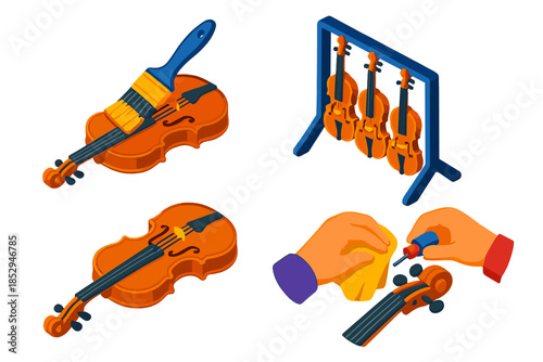 Violin Crafting Stages. Isometric vector illustration set Violin Finishing Process: Varnish brush on surface, drying rack with