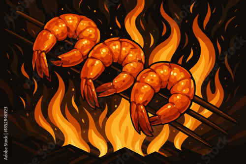 Grilled Shrimp Delight. Close-up of sizzling shrimp grilling on skewers over open flames, rich golden tones, vector illustration