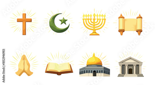 Symbols of major world religions: cross, crescent, menorah, torah, prayer, quran, mosque, temple