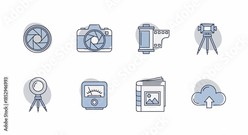 A collection of vector line art icons representing various photography equipment and concepts.