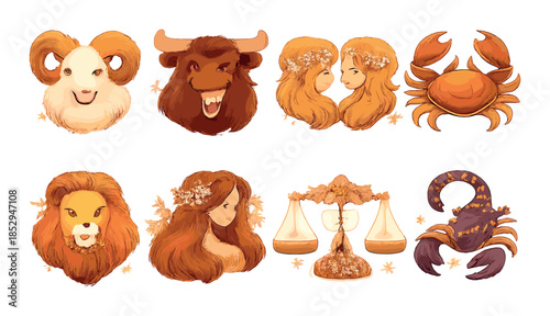 Whimsical zodiac signs illustrated with vibrant colors and characteristic elements