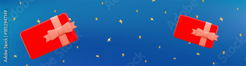 3d red gift card with bow  gold stars on blue isolated background. Gift certificate for promotion of goods for holidays, birthdays and discount coupon concept. Horizontal banner. Vector illustration