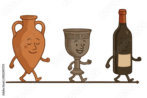 Wine Through Ages. Timeline of wine history with ancient amphorae, medieval goblets, and modern bottles parading together No text,