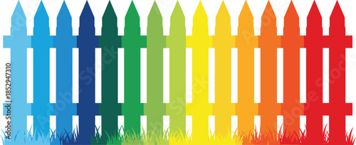 Color gradient picket fence with rainbow spectrum and grass base, vibrant outdoor illustration for design, decor, and visual aesthetics.